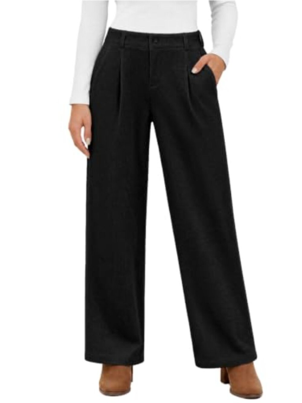 High Waisted Corduroy Straight Leg Pants Button Front Pleated Casual Trousers